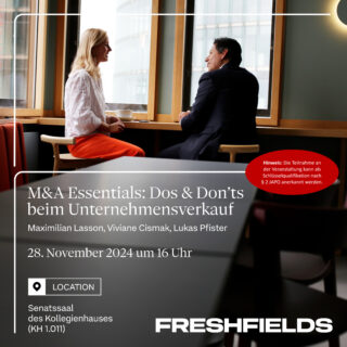 Zum Artikel "Workshop „M&A Essentials: Dos & Don`ts beim Unternehmensverkauf“ mit Freshfields"